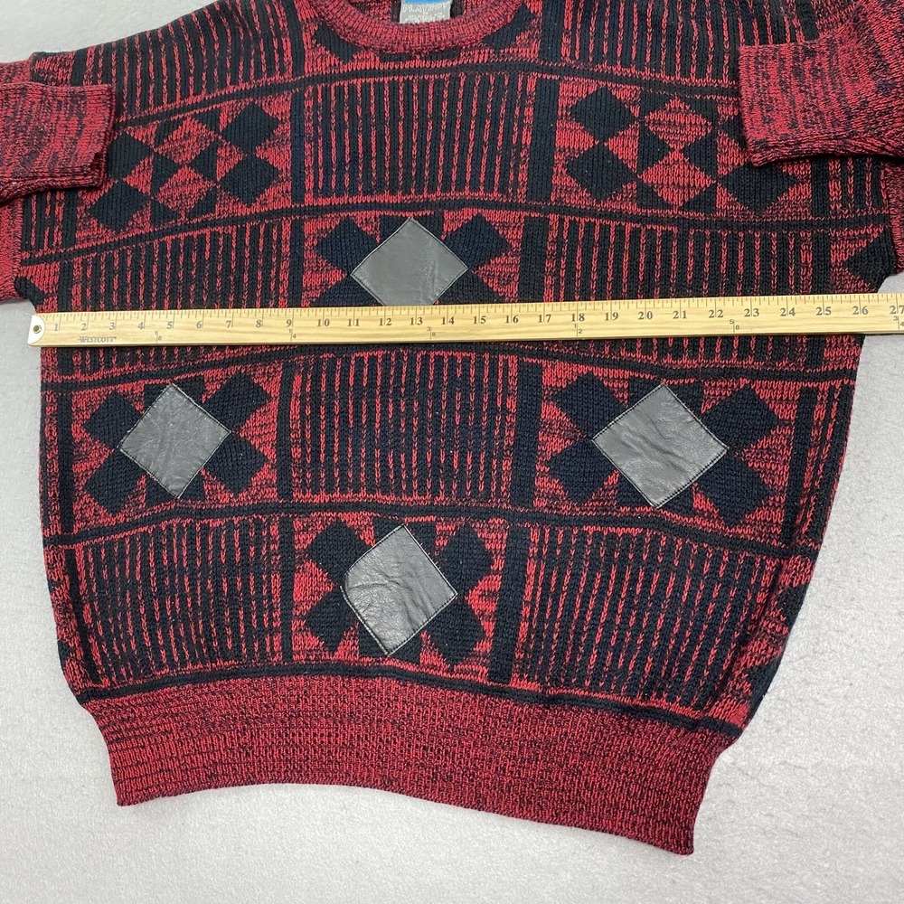 Vintage Playboy Sweater Mens 2X Red Black Pullover Crew Neck Leather Trim - Picture 9 of 9